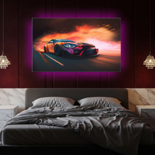 Driftbil i hög hastighet Digital neonsolnedgång Poster