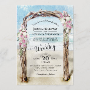 Driftwood Arch Rosa & Vit ros Beach Wedding Inbjudningar