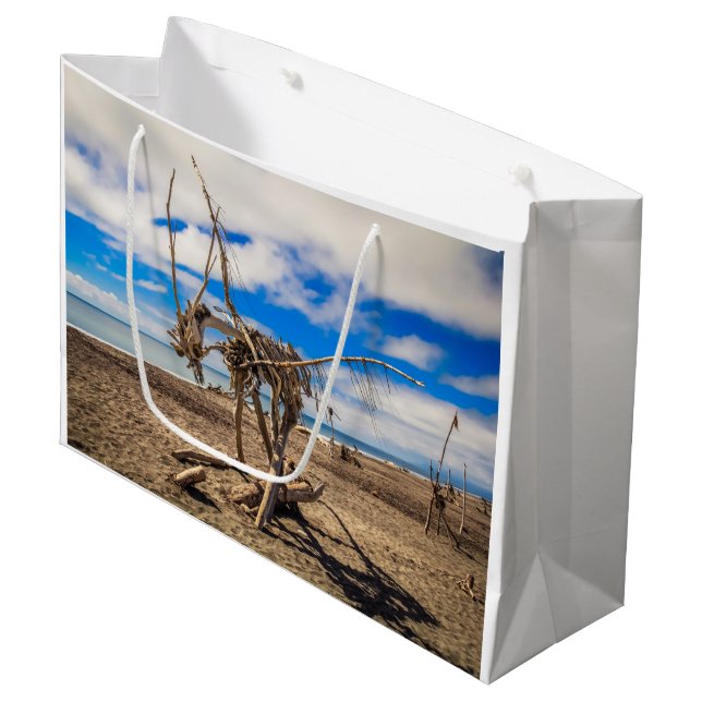 Driftwood-grafik på Hokitika Beach, Nya Zeeland (Framsidan Vinklad)