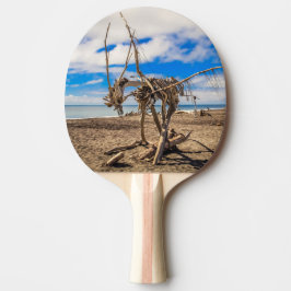 Driftwood-grafik på Hokitika Beach, Nya Zeeland Pingisracket