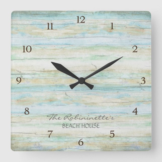 Driftwood Ocean Beach House Coastal Seashore Fyrkantig Klocka (Framsida)