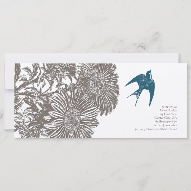 Driftwood Vintage Flower och Teal Bird Bröllop Inbjudningar (Framsida)