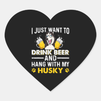 Drink Beer Håll ut med min husky Tshirt Gift Hund Hjärtformat Klistermärke
