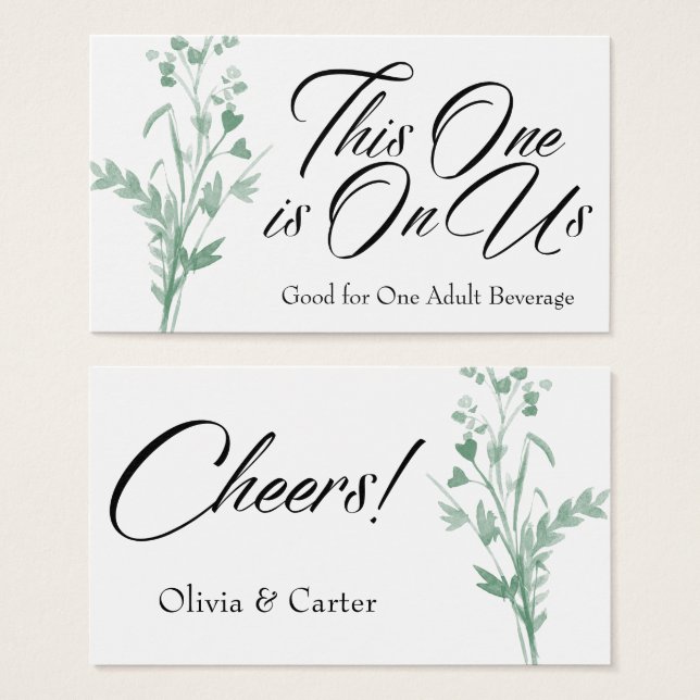 Drink Biljett, Grönt Watercolor Botanical Spray Visitkort (Framsida & baksida)