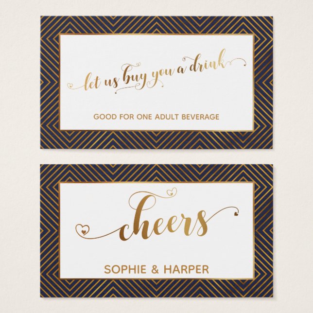 Drink Biljett, Guld Hearts-skript, Diamoner, flott Visitkort (Framsida & baksida)