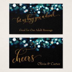 Drink Biljett, Guld Script och Teal Bokeh Visitkort