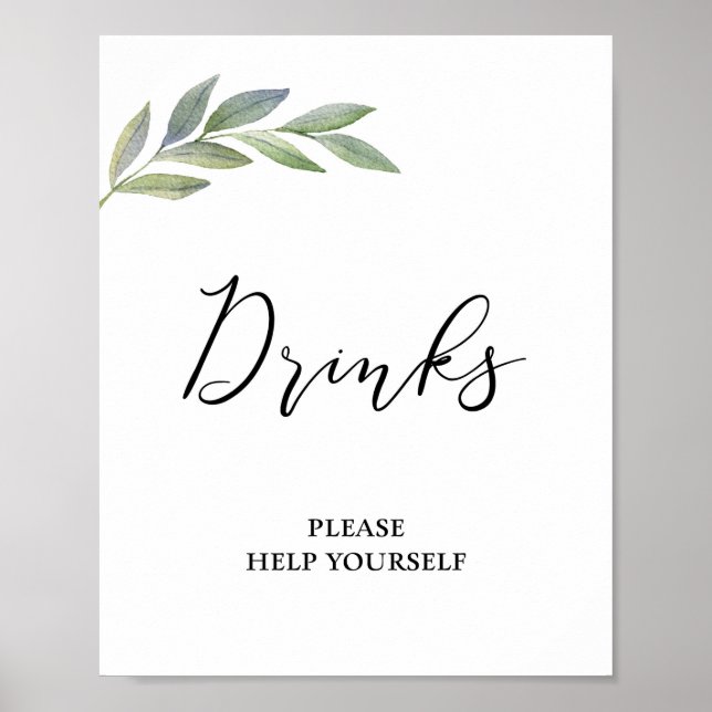 Drink Bord Sign Olive Löv Greenery Bröllop Poster (Framsidan)