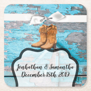 Drink Coasters Blue Wood Barn Door Boots Land Underlägg Papper Kvadrat