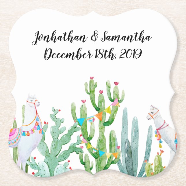 Drink Coasters Boho Llama Bohemian Cacti Desert Fl Underlägg Papper (Framsida)