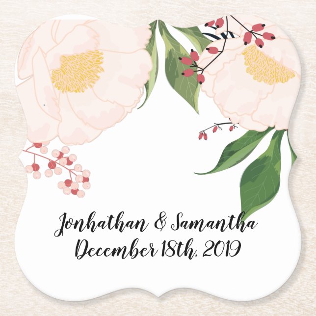 Drink Coasters White Blommigt Flowers on White Underlägg Papper (Framsida)