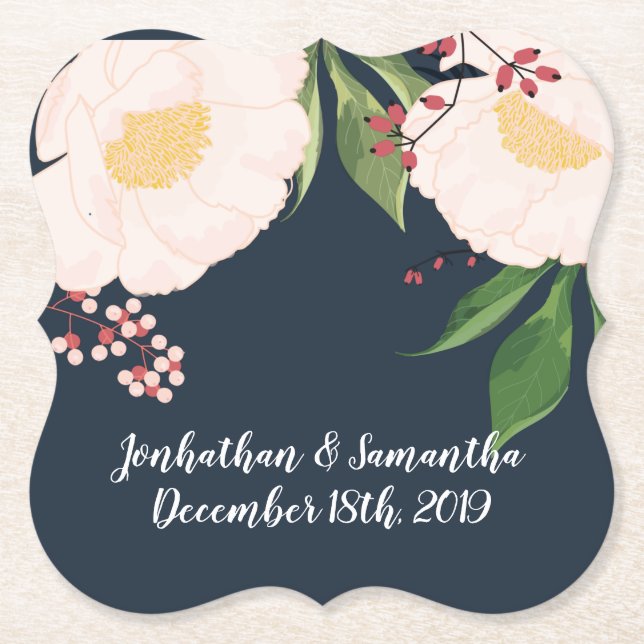 Drink Coasters White Blommigt Flowers på Mörk blåt Underlägg Papper (Framsida)