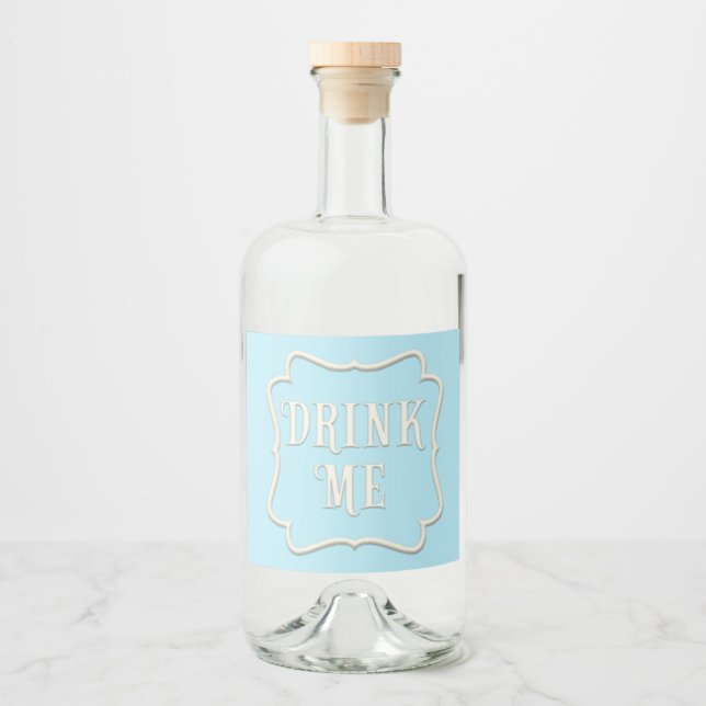 "Drink Me" Wonderland Tea Party Pastel Blue Spritflaskor Etikett (Framsida)