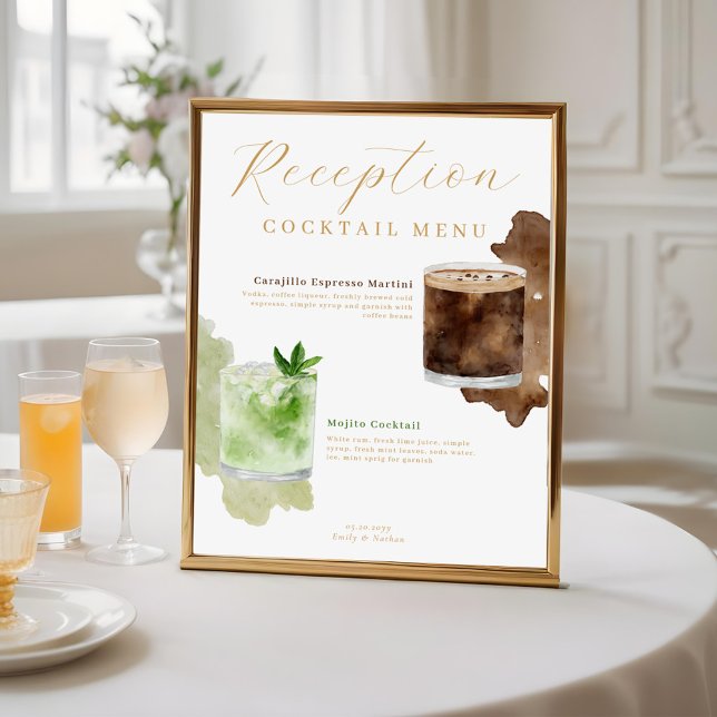Drink-meny för Watercolor Cocktails Wedding Recept Poster (Watercolor Cocktails Wedding Reception Drink Menu Poster)