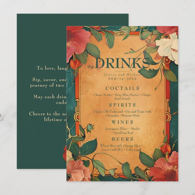 💍 Drink-menyn Ro Romantik: Art nouveau Splendor Meny (Fram/baksida)