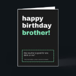 Drink Voucher Brother Birthday Card Kort<br><div class="desc">Få din bror att skratta på sin stora dag med det här roliga födelsedagskortet med en dryckeskupong. Med en lekfull design och fräckt humor är det perfektens blandning av syskon sass och födelsedagsglädje. Inuti hittar du en faux-drink-kupong som kan lösas in för en dryck som han själv väljer (villkor och...</div>