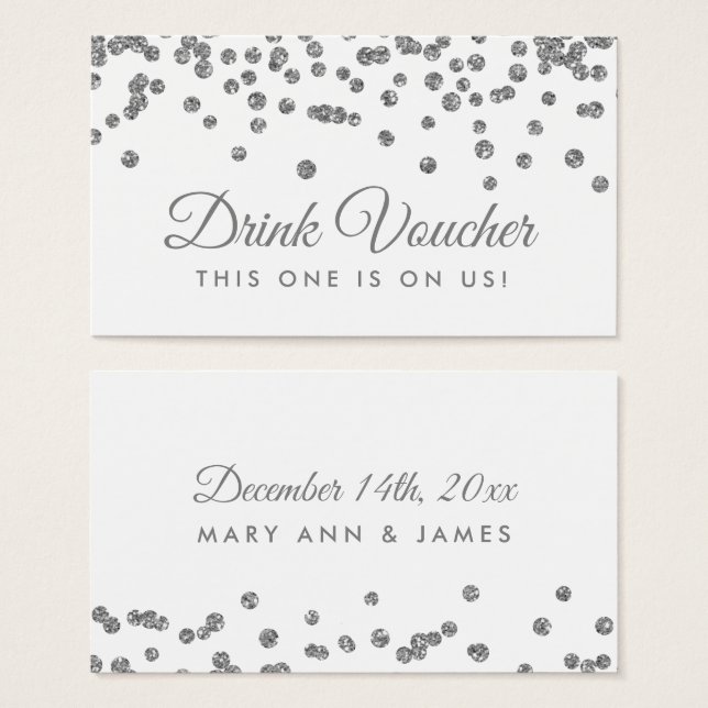 Drink Voucher Silver Faux Glitter Confetti White Visitkort (Framsida & baksida)