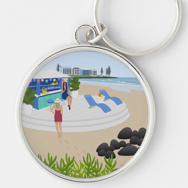 Drinkar vid Beach Pub Rund Silverfärgad Nyckelring (Framsidan)