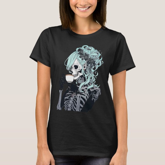 Drinking Skeleton Messy Bun Halloween Costume Girl T Shirt (Framsida)