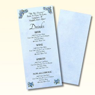 Drinks Menu Card - Blå Peony Bröllop-uppsättning Meny