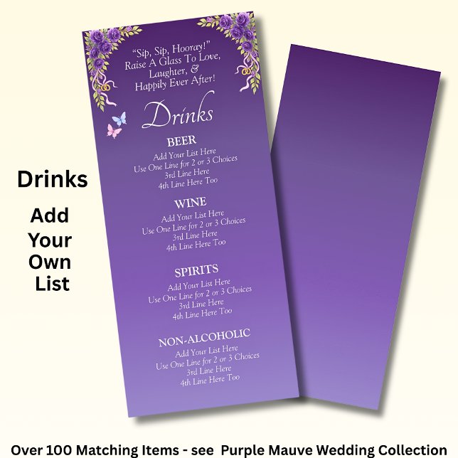 Drinks Menu Card - Lila Mauve Flowers & White Meny (Skapare uppladdad)