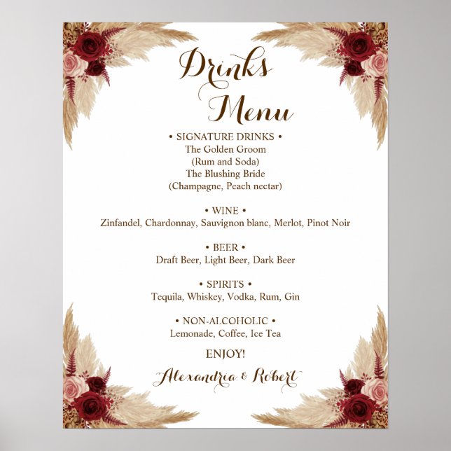 Drinks Menu Pampas Grass Möhippa Bröllop Poster (Framsidan)