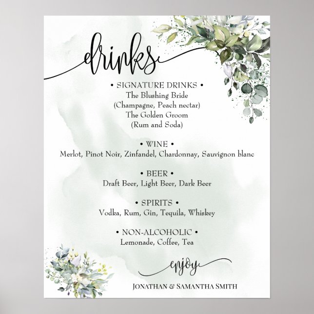 Drinks-menyskylt bröllop eucalyptus succulous poster (Framsidan)