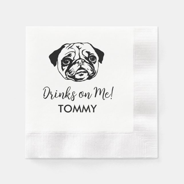 DRINKS ON ME Cocktail Napkins Pug Pappersservett (Framsidan)