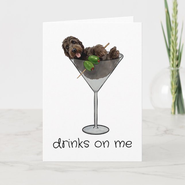 Drinks on Me Doodle Hund Dirty Martini Tack Kort (Framsida)