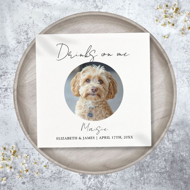 Drinks On Me Husdjursfoto Bröllop Pappersservett (Drinks On Me Pet Dog Photo Wedding Napkins)