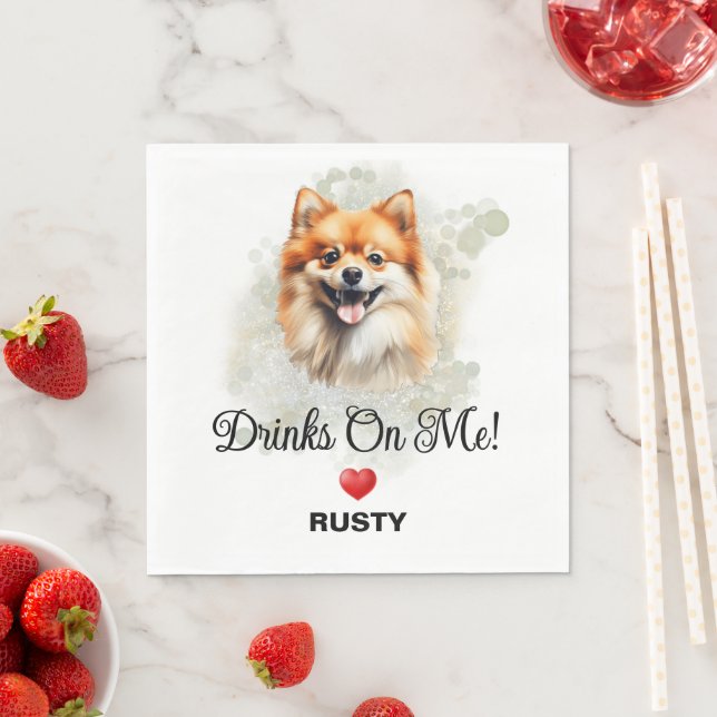 Drinks on Me Pomeranian Hund Foto Bröllop Pappersservett (Insitu)