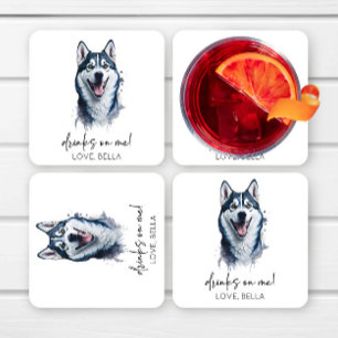 Drinks On Me! Siberisk Husky Hund Bröllop Underlägg Papper Kvadrat
