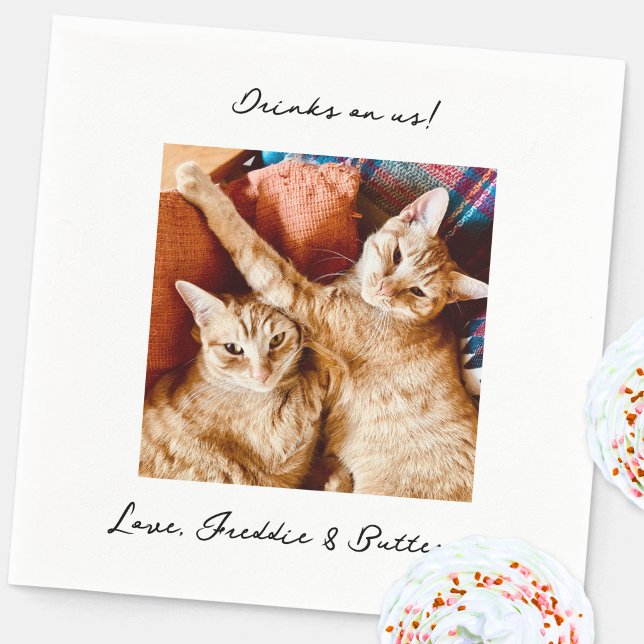 Drinks on Us Bröllops Husdjur Foto Pappersservett (Drinks on Us or Me fun pet dog or cat photo personalized custom text wedding cocktail napkin)