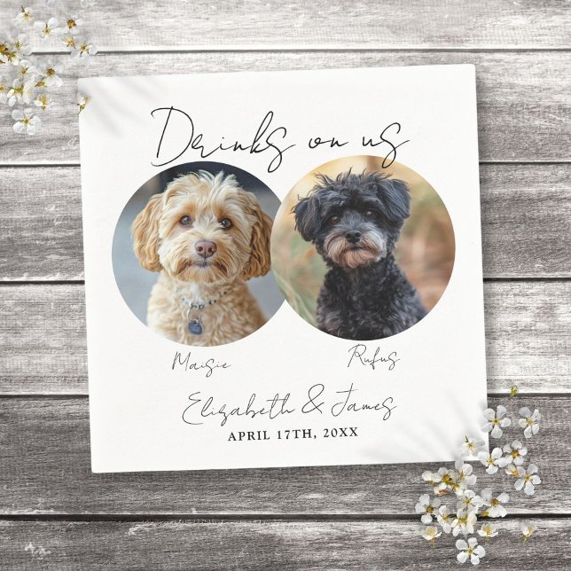 Drinks On Us Husdjur Hund 2 Foto Bröllop Pappersservett (Drinks On Us Pet Dog 2 Photo Wedding Napkins)