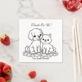 Drinks On Us Simple Drawing Cute Dog & Cat Wedding Pappersservett