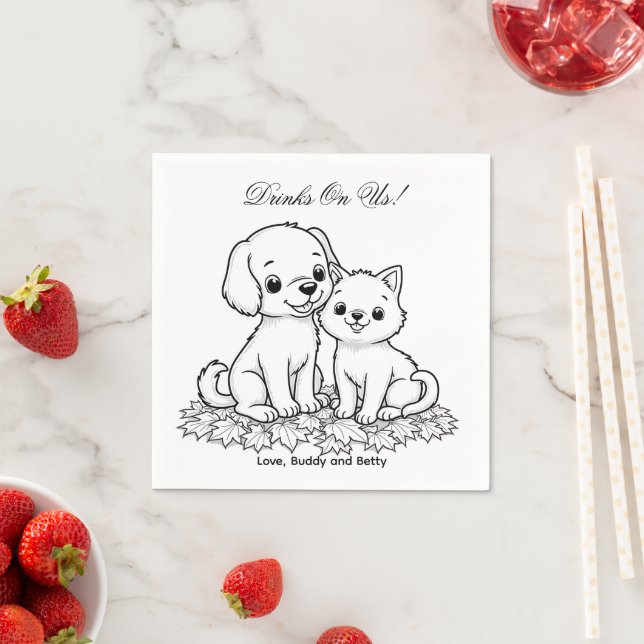 Drinks On Us Simple Drawing Cute Dog & Cat Wedding Pappersservett (Insitu)