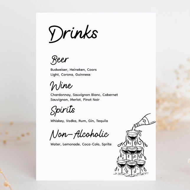 Drinks Pub Menu Modern Minimalist Bröllop-tecken (Cheers! Keep it simple with this cute drink menu, perfect for any celebration, especially weddings.)