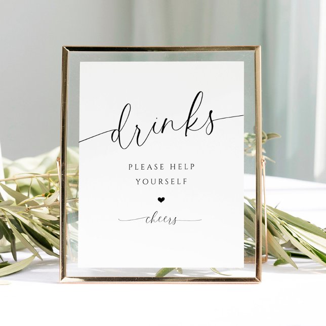Drinks Pub Modern Elegant Möhippa Sign Poster (Bridal Shower Drinks Sign - Elegant Romantic Bridal Shower Drinks - Heart - Please help yourself)