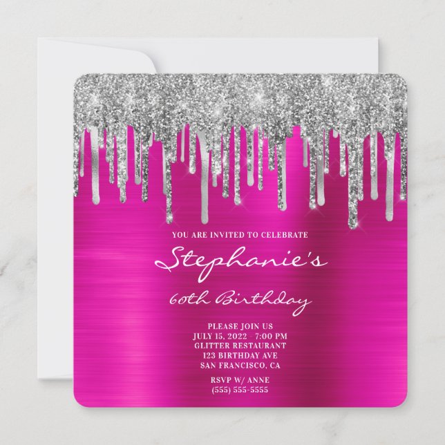 Drip Fuchsia Foil i silver, 60:e födelsedagen Inbjudningar (Framsida)