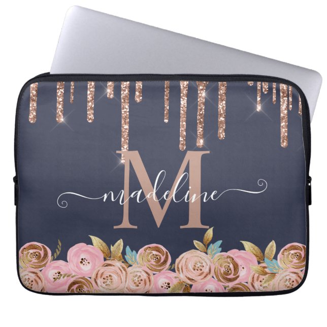 Drip Girly Glam i Monogram Ro Guld Glitter Laptop Fodral (Framsidan)