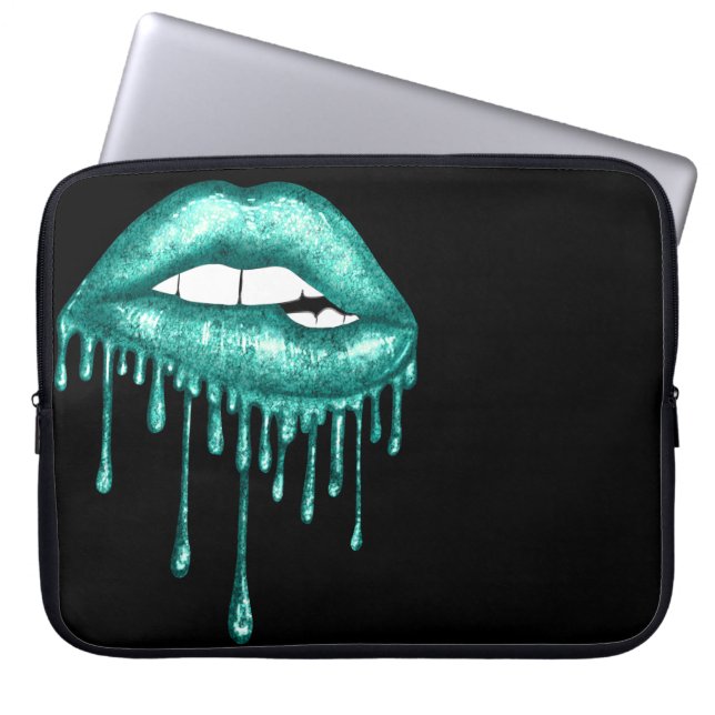 DRIPANDE LÄPPAR AV TEAL GRÖNT GLITTER LAPTOP FODRAL (Framsidan)