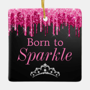Drippande glitter rosa & svart Född att blänka Julgransprydnad Keramik