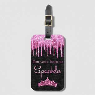 Drippande glitter rosa svart Född att glänsa Bagagebricka