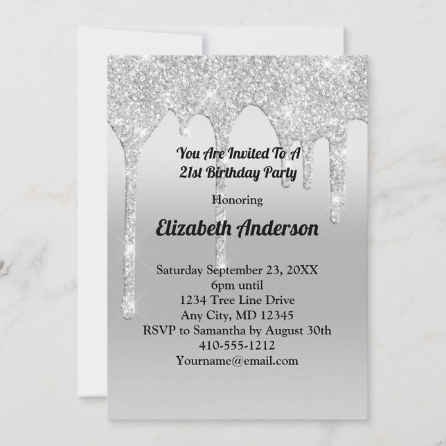 Drippande glitter silver personlig 21-årsdag inbjudningar (Framsida)