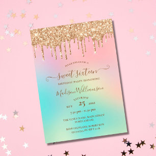 Drippande guldglitter & regnbåge Sweet 16 födelsed Inbjudningar