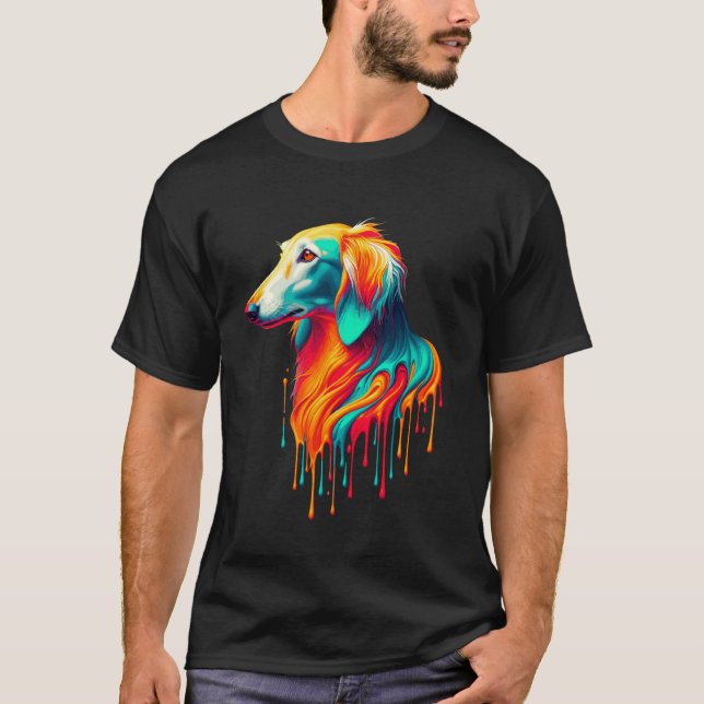 Drippande konst Saluki hund Persisk Greyhound T Shirt (Framsida)