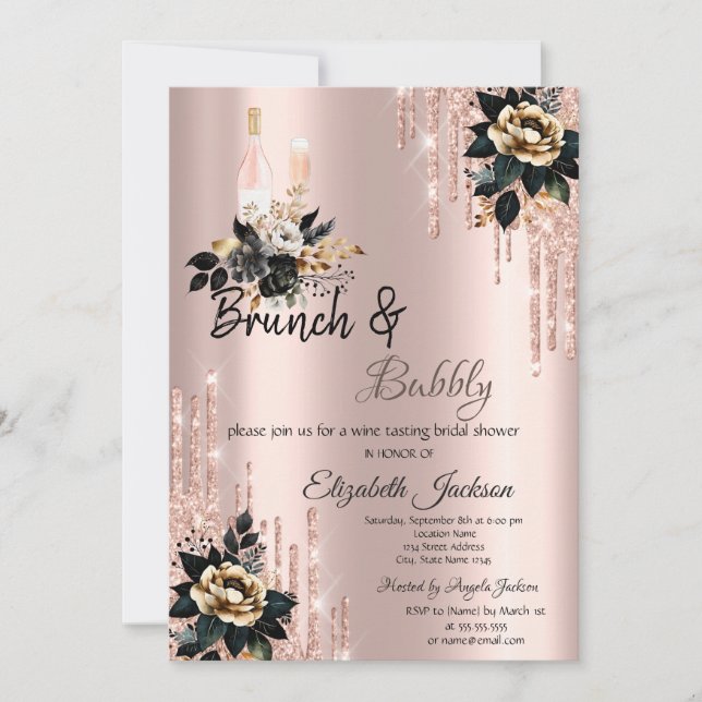 Drips Black Roses Brunch & Bubbly Bröllopsdusch Inbjudningar (Framsida)