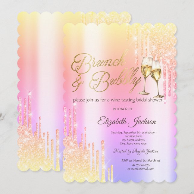 Drips Glass Brunch & Bubbly Ombre Bröllopsdusch Inbjudningar (Fram/baksida)