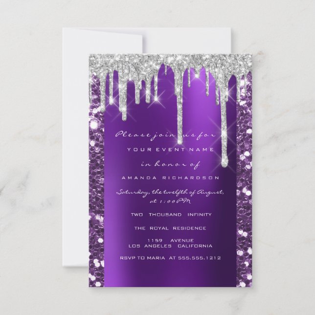 Drips Glitter Lila Möhippa Sweet 16:e Inbjudningar (Framsida)