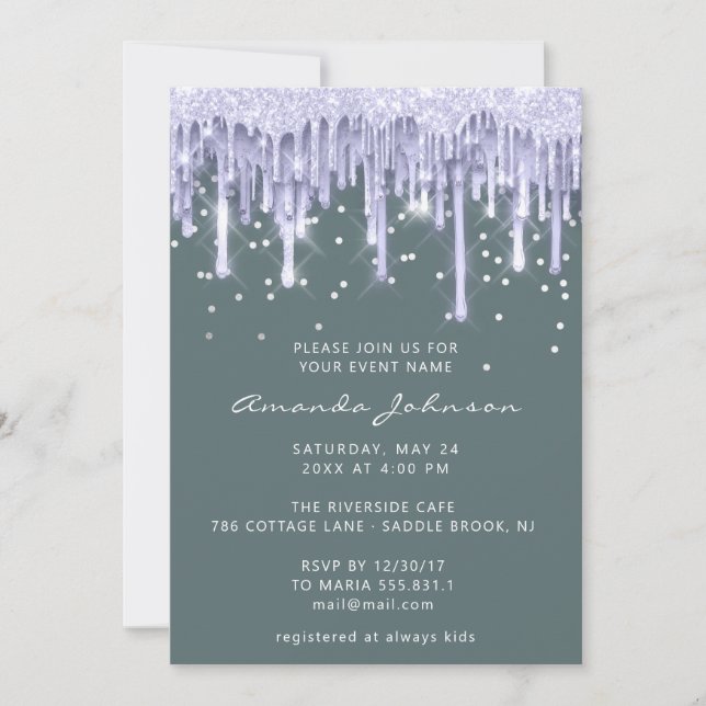 Drips Glitter Möhippa Bröllop Sweet 16 Lila Mint Inbjudningar (Framsida)