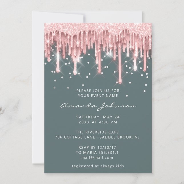 Drips Glitter Möhippa Bröllop Sweet 16 Ro Mint Inbjudningar (Framsida)